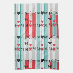 Linge De Cuisine Maman Rétro Joyeuse avec Cœurs & Rayures Turquoise