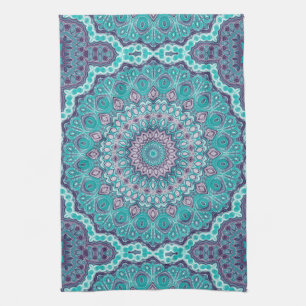 Linge De Cuisine Mandala à l'aquarelle en turquoise et violet