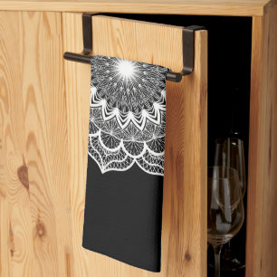 Linge De Cuisine Mandala blanc sur fond noir