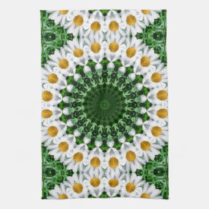 Linge De Cuisine Mandala blanche en marguerite avec symétrie verte