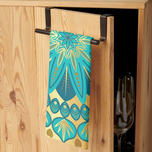 Linge De Cuisine Mandala Fleur Bleu Or (Pliage en tiers)