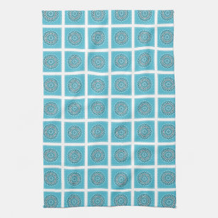 Linge De Cuisine Mandala Kaleidoscope Turquoise Bordure blanche