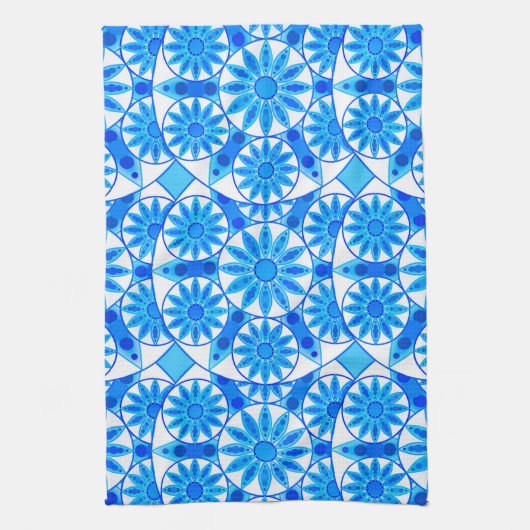 Linge De Cuisine Mandala Motif, Bleu de Cobalt, Turquoise et Blanc (Vertical)