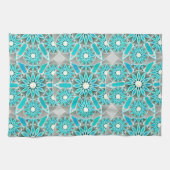 Linge De Cuisine Mandala Motif, Turquoise, gris argenté et blanc (Horizontal)