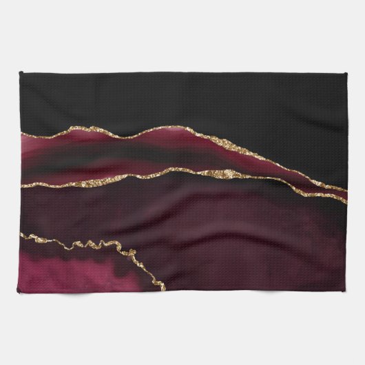 Linge De Cuisine Marbre Agate Chic Noir Violet Paillettes Dorées (Horizontal)