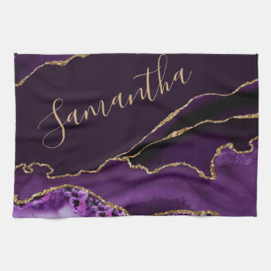 Linge De Cuisine Marbre Agate Pailleté Or et Violet Faux