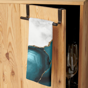 Linge De Cuisine Marbre blanc Agate sarcelle bleu doré