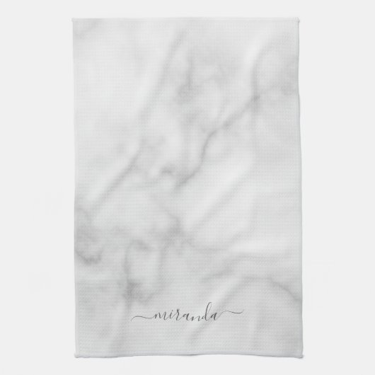 Linge De Cuisine Marbre blanc de nom personnalisé de script moderne (Vertical)