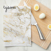 Linge De Cuisine Marbre Blanc et Or, Nom ou Monogramme en Script No (Quart Plié)