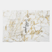 Linge De Cuisine Marbre Blanc et Or, Nom ou Monogramme en Script No (Horizontal)