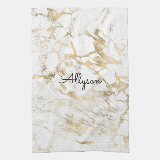 Linge De Cuisine Marbre Blanc et Or, Nom ou Monogramme en Script No (Vertical)