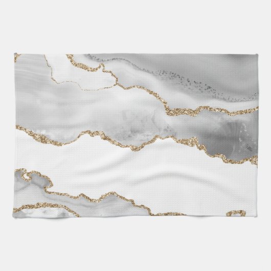 Linge De Cuisine Marbre blanc gris Agate Parties scintillant dorée (Horizontal)