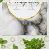 Linge De Cuisine Marbre blanc moderne avec Monogramme de ruban or (Plié)