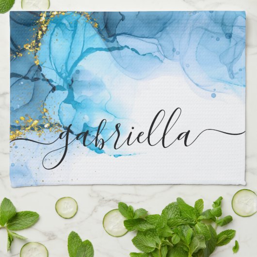 Linge De Cuisine Marbre bleu Abstrait (Plié)