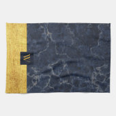 Linge De Cuisine Marbre Bleu Monogramme Élégant (Horizontal)