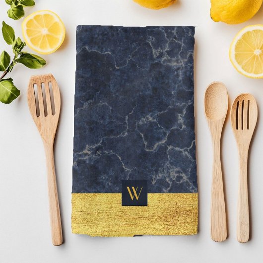 Linge De Cuisine Marbre Bleu Monogramme Élégant