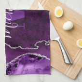 Linge De Cuisine Marbre d'agate à monogramme pailleté violet et arg (Quart Plié)