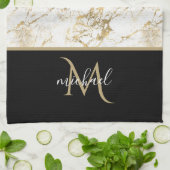 Linge De Cuisine Marbre doré et blanc avec monogramme noir (Plié)