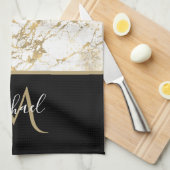 Linge De Cuisine Marbre doré et blanc avec monogramme noir (Quart Plié)