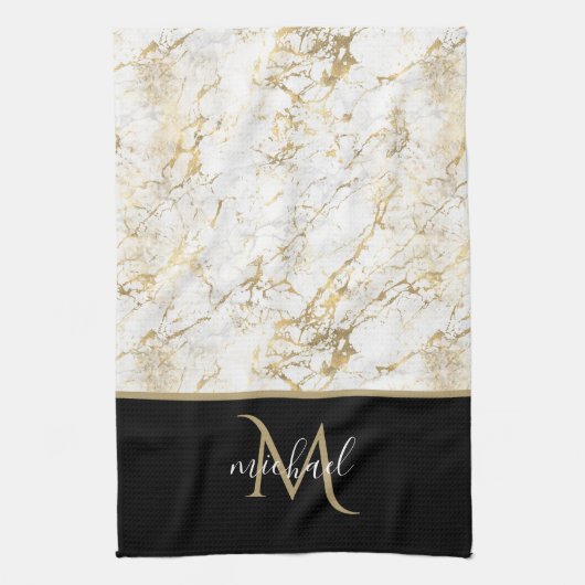 Linge De Cuisine Marbre doré et blanc avec monogramme noir (Vertical)