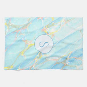 Linge De Cuisine Marbre Imprimé Or Bleu Motif Monogramme Personnali