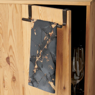 Linge De Cuisine Marbre Noir Élégant avec Veines Dorées Art Moderne