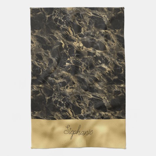 Linge De Cuisine Marbre noir et or à monogramme (Vertical)
