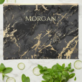 Linge De Cuisine Marbre noir et or, Monogramme or, nom et bande (Plié)