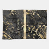 Linge De Cuisine Marbre Noir & Or, Monogramme Or, Nom & Rayure (Horizontal)