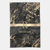 Linge De Cuisine Marbre Noir & Or, Monogramme Or, Nom & Rayure (Vertical)