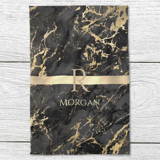 Linge De Cuisine Marbre Noir & Or, Monogramme Or, Nom & Rayure