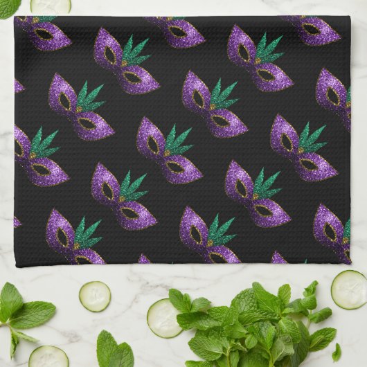 Linge De Cuisine Mardi Gras Masque Purple Éperches motif noir (Plié)
