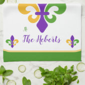 Linge De Cuisine Mardi Gras NOM Vert Or Violet Fleur de Lis (Plié)