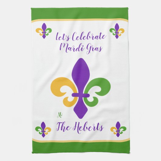 Linge De Cuisine Mardi Gras NOM Vert Or Violet Fleur de Lis (Vertical)