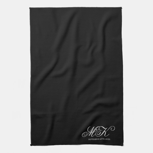 Linge De Cuisine Mariage Couples Initiales Script Monogramme Noir (Vertical)