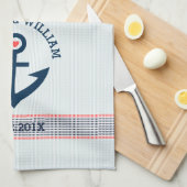 Linge De Cuisine Marine Bleu Ancre nautique et rayures décoratives (Quart Plié)