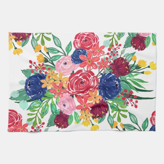 Linge De Cuisine Marine bleu et rouge aquarelle boho chic Fleurs (Horizontal)
