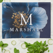 Linge De Cuisine Marine Blue Gold Moderne Floral Monogramme Nom de  (Plié)