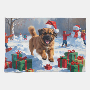 Linge De Cuisine Mastiff Tibétain Courant dans la Neige avec un Cha