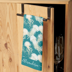 Linge De Cuisine Méduse En Bleu Océan Été Saison Monogramme