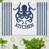 Linge De Cuisine Mélange Bleu Et Blanc D'Octopus Et De Grilles (Plié)
