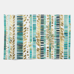 Linge De Cuisine Mélange et assortiment feuillus rayures turquoise