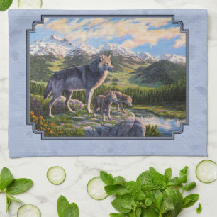 Linge De Cuisine Mère Wolf & Pups Mountain River Valley