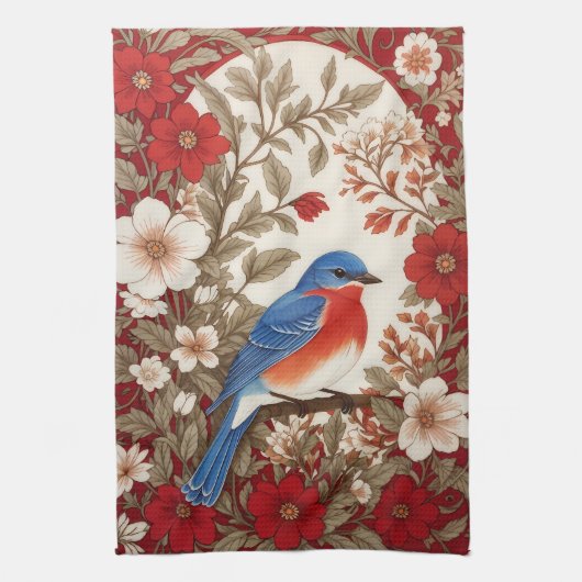 Linge De Cuisine Merlebleu de l'Est Fleurs Rouges  (Vertical)