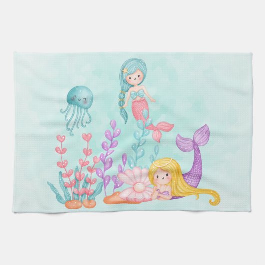 Linge De Cuisine Mermaids et méduses sous l'aquarelle marine (Horizontal)
