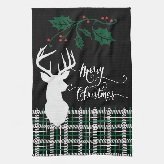 Linge De Cuisine Merry Christmas Deer - Green Plaid (Vertical)