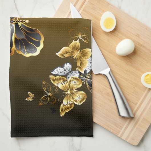 Linge De Cuisine Métamorphose dorée – Conception de papillon botani (Quart Plié)