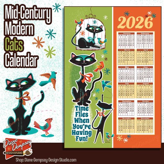 Linge De Cuisine Mid-Century Cats Calendar Kitchen Towel Green/Rust