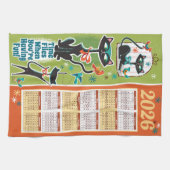 Linge De Cuisine Mid-Century Cats Calendar Kitchen Towel Green/Rust (Horizontal)