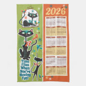 Linge De Cuisine Mid-Century Cats Calendar Kitchen Towel Green/Rust (Vertical)